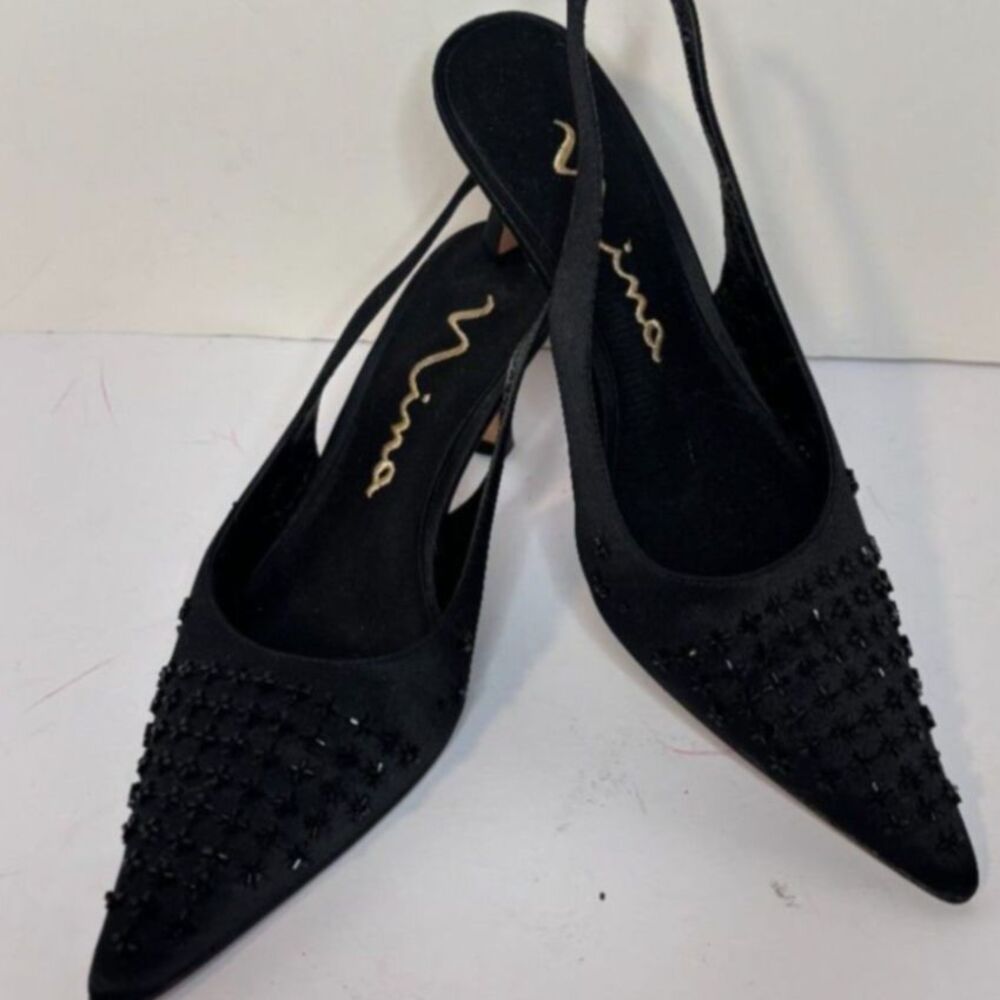 Nina Black Beaded Kitten Heel Slingback Pumps Elegant Pointed Toe
